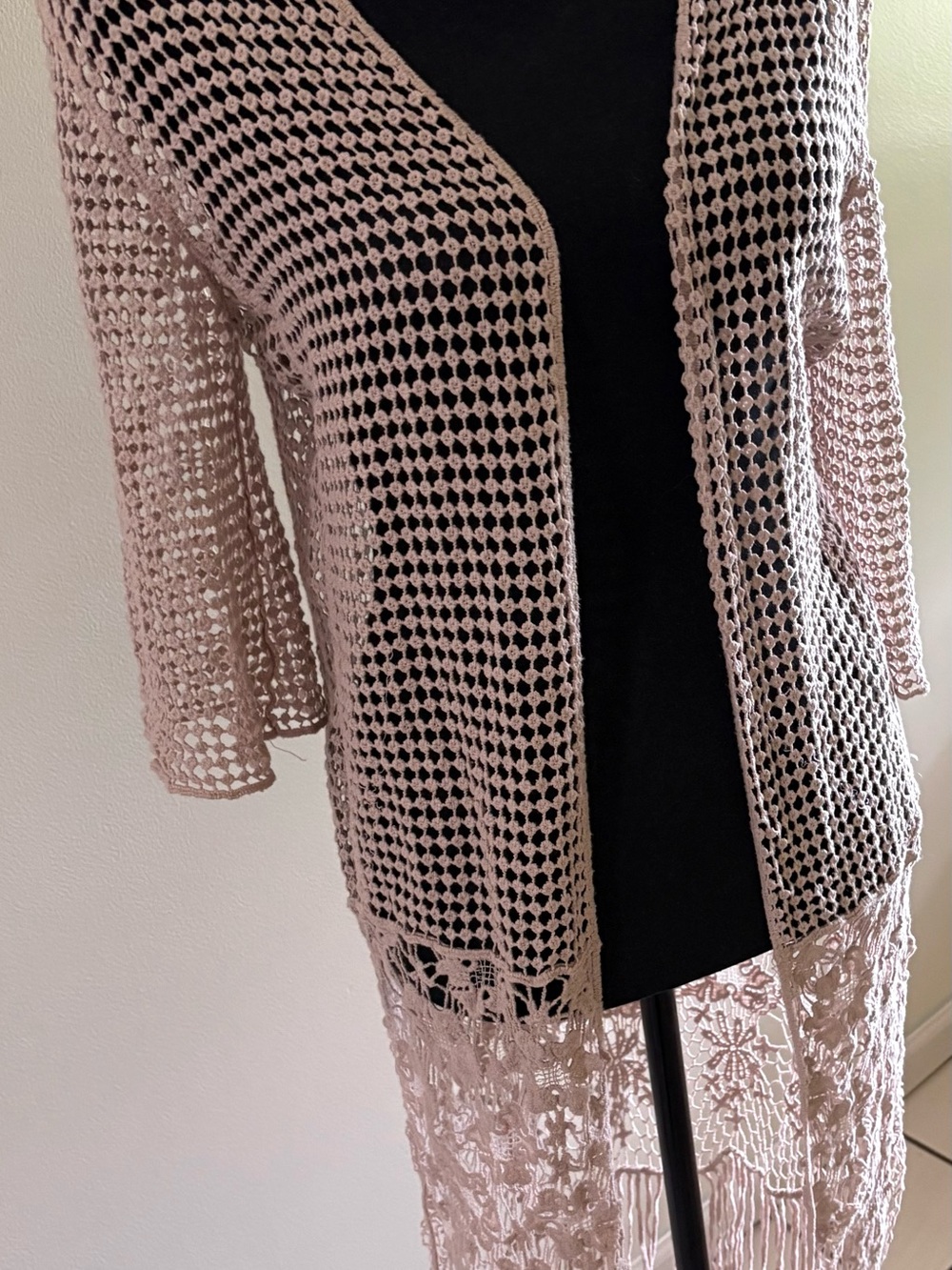 ODDY Crochet Open-Front Fringe Cardigan.